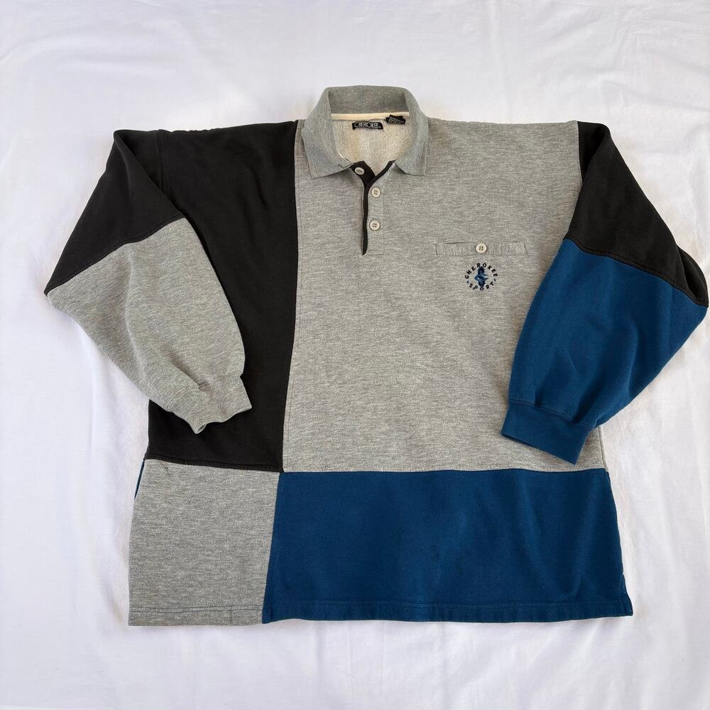 Vintage 90s Cherokee Sport Colorblock Polo Sweatshirt Men’s L Blue Gray